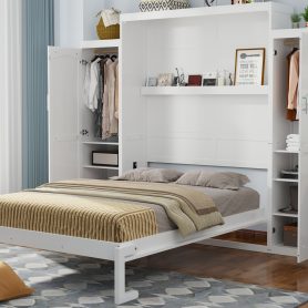 Full Size Murphy Bed with 2 Wardrobe and Storage Shelf