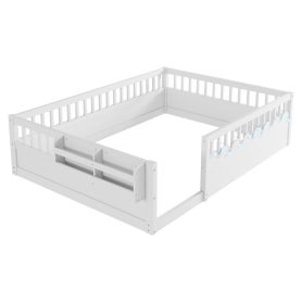 Full Montessori Floor Bed Frame With High Rails, Light And Storage Shelf