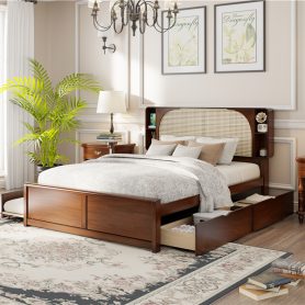 Queen Size Rattan Headboard Bed with Two Drawers and Trundle