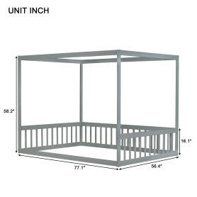 Full Size Canopy Frame Rubber Wood Floor Bed with Fence and Guardrails