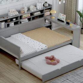 Wooden Full Size Daybed With Storage Shelves, Twin Size Trundle Bed and  Study Desk