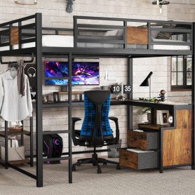 Metal Queen Loft Bed With Desk, Storage Non-woven Fabric Drawers, Ladders