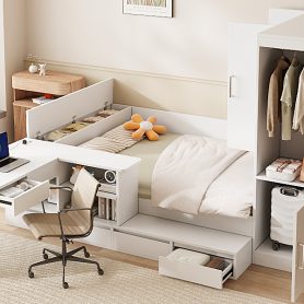 Full Size Wooden Platform Bed With 6 Drawers, Shelves, Desk And Wardrobe