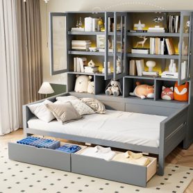 Twin Size Wooden Daybed With Glass-door Storage Cabinets, Built-in LED Lighting And Shelves