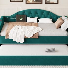 Twin Size Tufted Upholstered Daybed With Trundle, USB & Type-c Charging Ports
