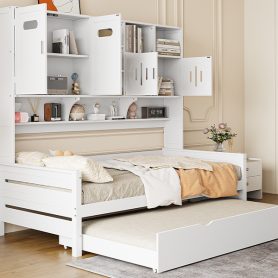 Twin Size Wooden Daybed With Twin Size Trundle, and All-in-One Cabinet and Shelf