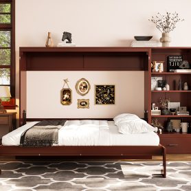 Queen Size Murphy Bed with Height Adjustable Storage Compartments and Shelf