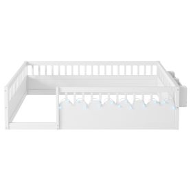 Full Montessori Floor Bed Frame With High Rails, Light And Storage Shelf