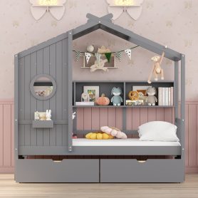 Wooden Twin Size House Bed With 2 Drawers and Storage Shelf
