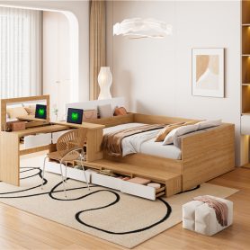 Full Size Wooden Platform Bed With 6 Drawers, Shelves And Dressing Table