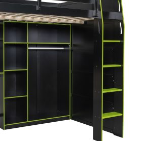 Full Size Wood Loft Bed with Desk, Open Wardrobe, Storage Compartments and RGB Lights