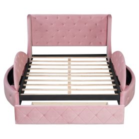Upholstered Platform Bed Queen Size Storage Velvet Bed with Wingback Headboard and 1 Big Drawer,2 Side Storage Stool