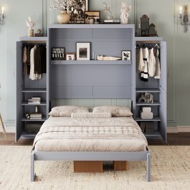 Queen Size Murphy Bed with 2 Wardrobe and Storage Shelf,