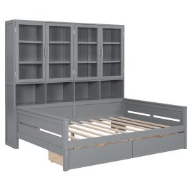 Full Size Wooden Daybed with Glass-Door Storage Cabinets, Built-in LED Lighting and Shelves