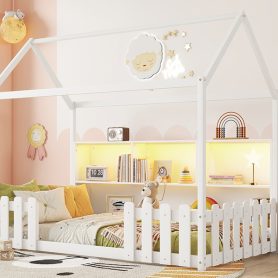 Wood Twin Size House Bed With LED Light, Storage Bookshelf, and Guardrails