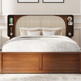 Queen Size Rattan Headboard Bed with Two Drawers and Trundle