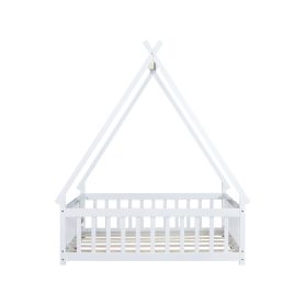 Full Size Rubber Wood Tent-shaped Floor Bed with Guardrails, Slats And Door