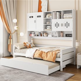 Twin Size Wooden Daybed With Twin Size Trundle, and All-in-One Cabinet and Shelf
