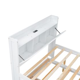 Full Size Wooden Bed With Storage Headboard With Outlets,  Twin Size Trundle With Three Storage Drawers