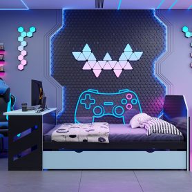 Full Size Wood Daybed with Twin Size Trundle, Desk and USB