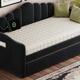 Twin Size Upholstered Daybed With Trundle , USB Charging Ports