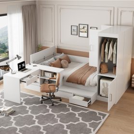 Full Size Wooden Platform Bed With 6 Drawers, Shelves, Desk And Wardrobe