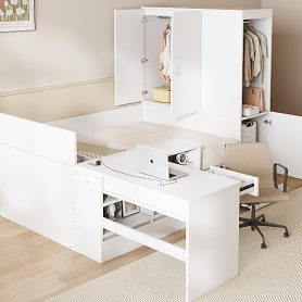 Full Size Wooden Platform Bed With 6 Drawers, Shelves, Desk And Wardrobe