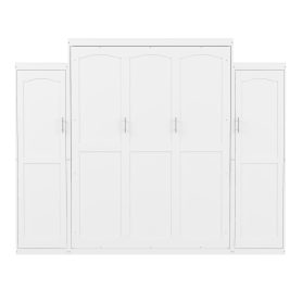 Queen Size Murphy Bed with 2 Wardrobe and Storage Shelf,