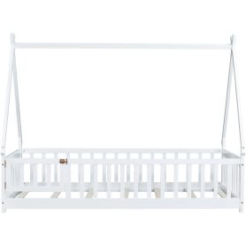 Twin Tent-shaped Floor Bed, Teepee Bed with Guardrails, Slats and Door