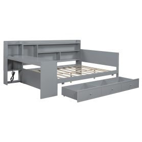 Full Size Wooden Daybed With 3 Drawers, USB Ports and Desk