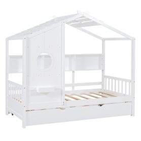 Wooden Twin Size House Bed With Trundle and Storage Shlef