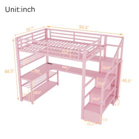 Metal Full Size Loft Bed With Staircase, Wardrobe, Desk, Storage Shelves, LED Lights and Charge Station
