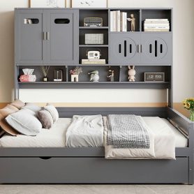 Full Size Wooden Daybed With Twin Size Trundle, and All-in-One Cabinet and Shelf 42 Full Size Wooden Daybed With Twin Size Trundle, and All-in-One Cabinet and Shelf