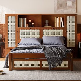 Twin Size Wooden Bed with Two Storage Lockers, Drawer, and Storage Shelf on Headboard