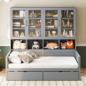 Twin Size Wooden Daybed With Glass-door Storage Cabinets, Built-in LED Lighting And Shelves
