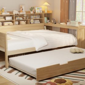 Wooden Full Size Daybed With Storage Shelves, Trundle Bed And Study Desk 36 Wooden Full Size Daybed With Storage Shelves, Trundle Bed And Study Desk