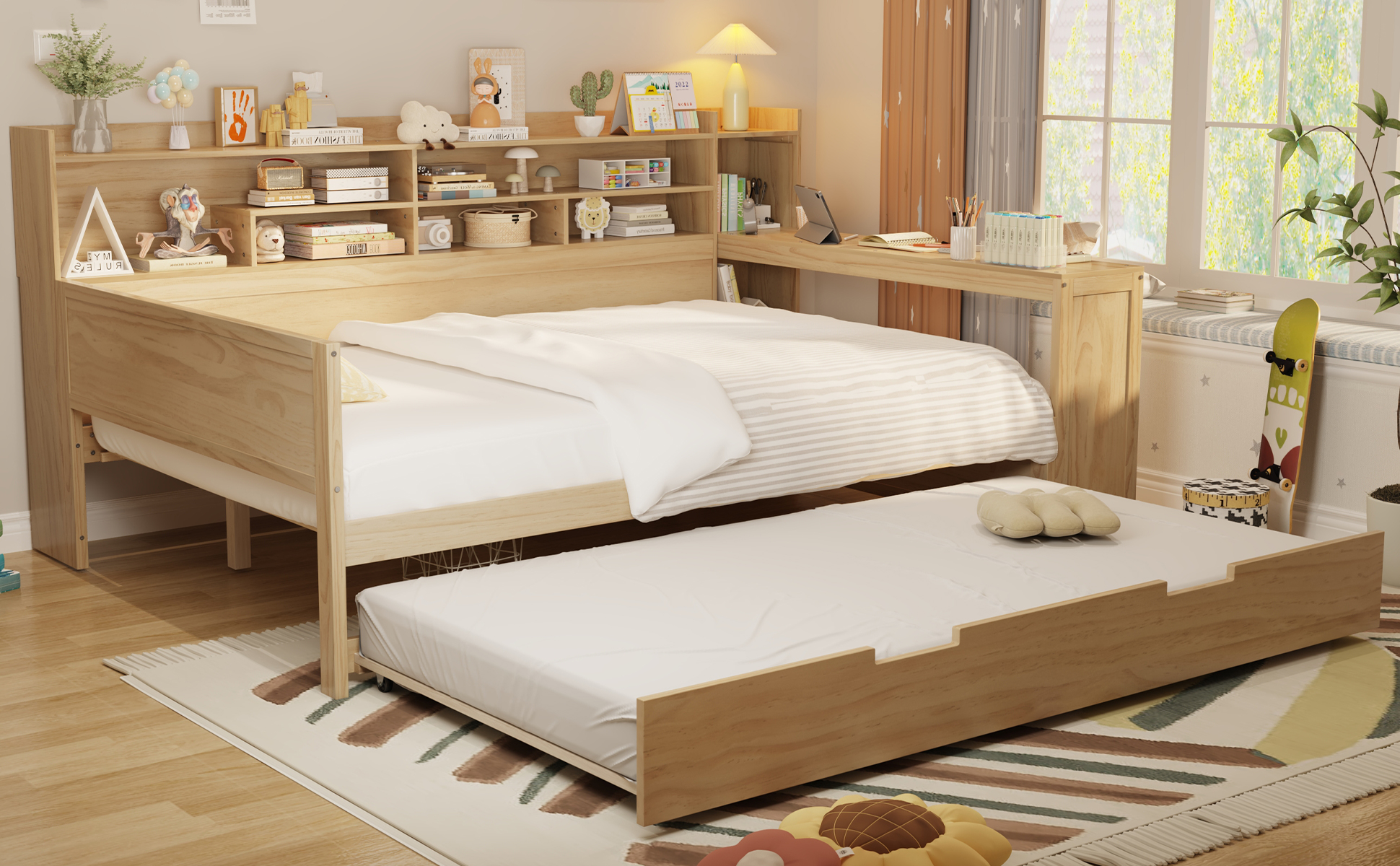 Wooden Full Size Daybed With Storage Shelves, Trundle Bed And Study Desk 18 Wooden Full Size Daybed With Storage Shelves, Trundle Bed And Study Desk