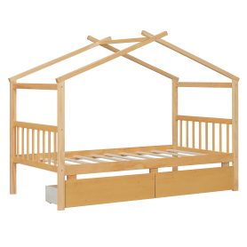 Twin Size Wooden House Bed with Drawers