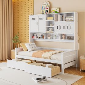 Twin Size Wooden Daybed With 2 Drawers, and All-in-One Cabinet and Shelf