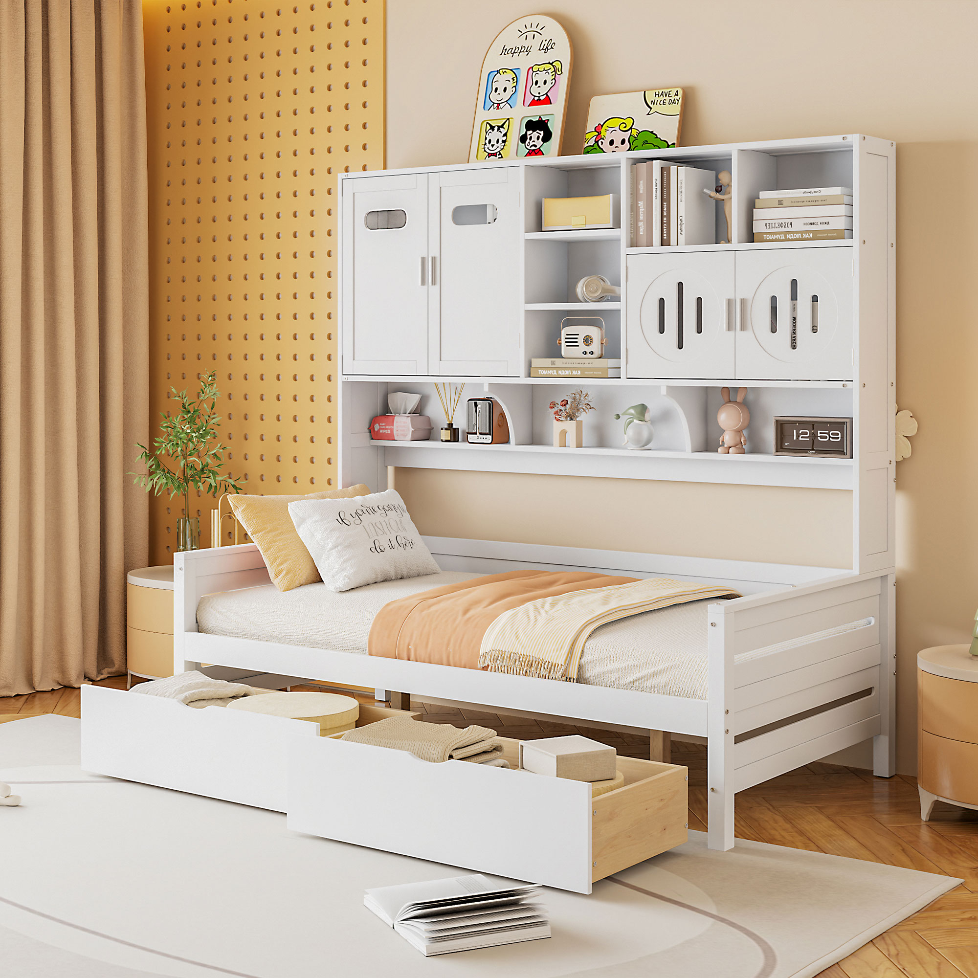 Twin Size Wooden Daybed With 2 Drawers, and All-in-One Cabinet and Shelf