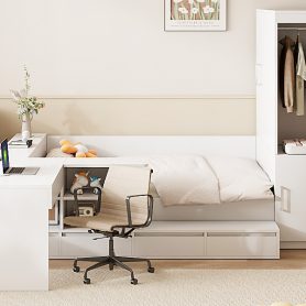 Full Size Wooden Platform Bed With 6 Drawers, Shelves, Desk And Wardrobe