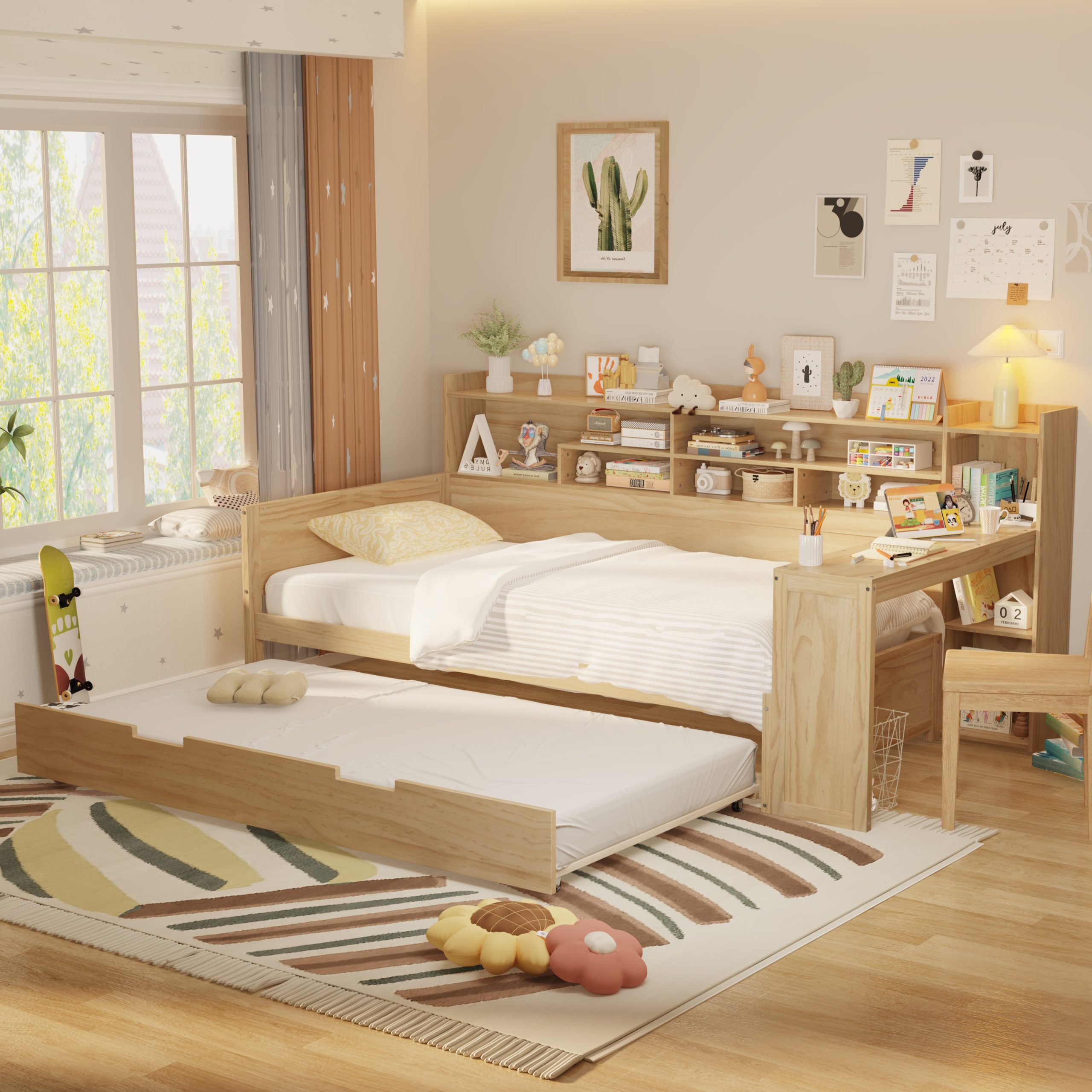 Wooden Twin Size Daybed With Storage Shelves, Twin Size Trundle Bed and  Study Desk