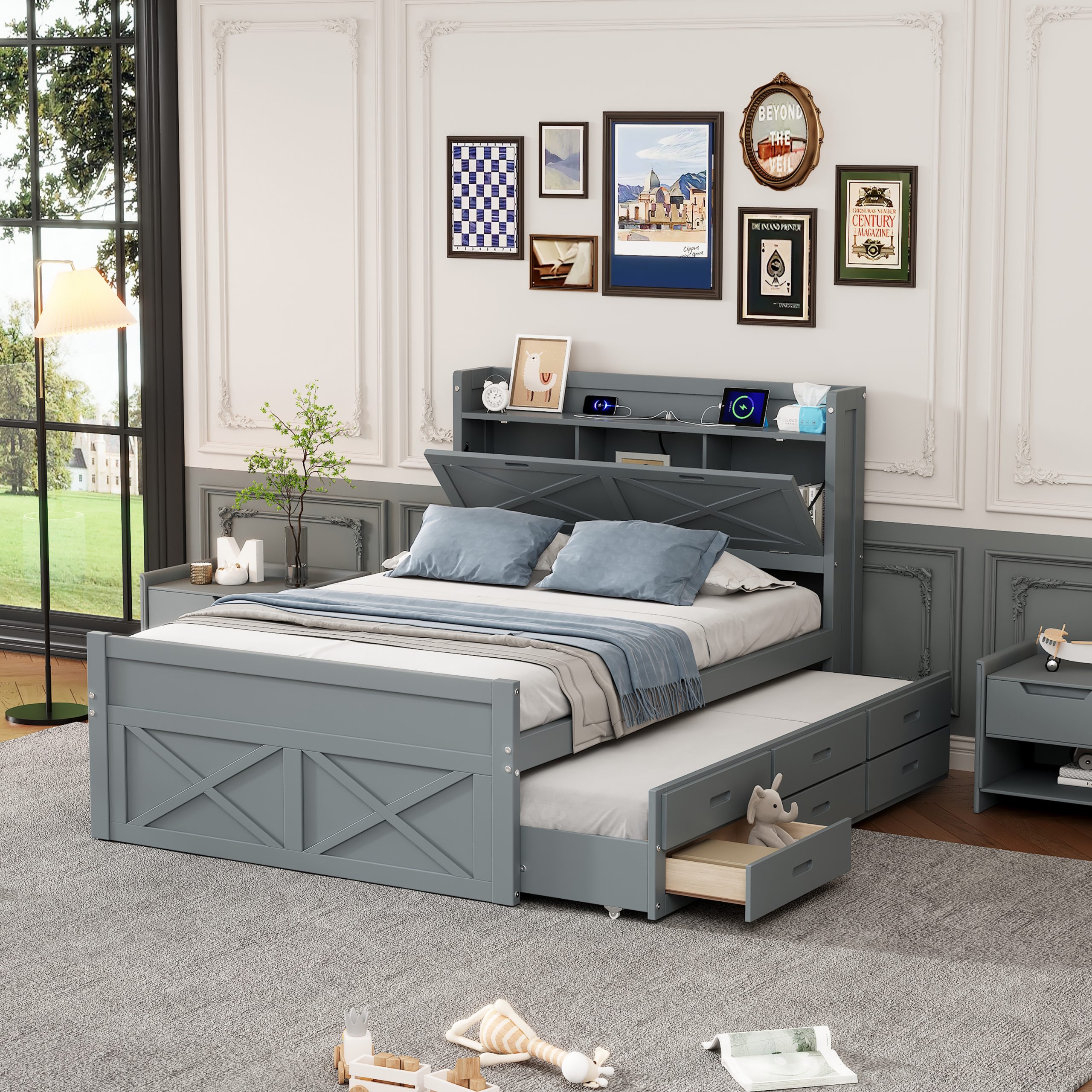 Full Size Wooden Bed With Storage Headboard With Outlets,  Twin Size Trundle With Three Storage Drawers