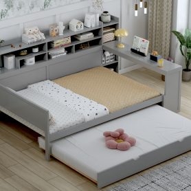 Wooden Full Size Daybed With Storage Shelves, Twin Size Trundle Bed and  Study Desk