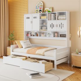 Twin Size Wooden Daybed With 2 Drawers, and All-in-One Cabinet and Shelf 46 Twin Size Wooden Daybed With 2 Drawers, and All-in-One Cabinet and Shelf