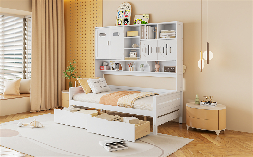 Twin Size Wooden Daybed With 2 Drawers, and All-in-One Cabinet and Shelf 22 Twin Size Wooden Daybed With 2 Drawers, and All-in-One Cabinet and Shelf