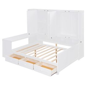 Full Size Wooden Daybed With Three Drawers, and All-in-One Cabinet, Desk and Shelves