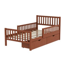 Twin Size Wood Platform Bed With Guardrails On Both Sides and Two Storage Drawers
