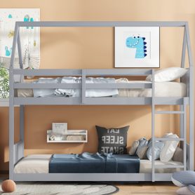 Rubber Wood Twin Over Twin House Floor Bunk Bed With Headboards, Footboards, Guardrails And Ladder 24 Rubber Wood Twin Over Twin House Floor Bunk Bed With Headboards, Footboards, Guardrails And Ladder