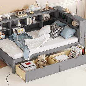 Wooden Twin Size Daybed With 2 Drawers, Storage Shelf And USB Charging Port 37 Wooden Twin Size Daybed With 2 Drawers, Storage Shelf And USB Charging Port